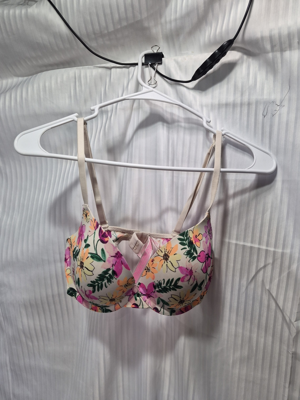 PINK 32D Floral Print Padded Bra in Cream with Pink & Yellow Flowers